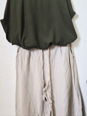 Women's Wide-Leg Drawstring Pants in Light Beige/Olive Green Top (Sold As Set)